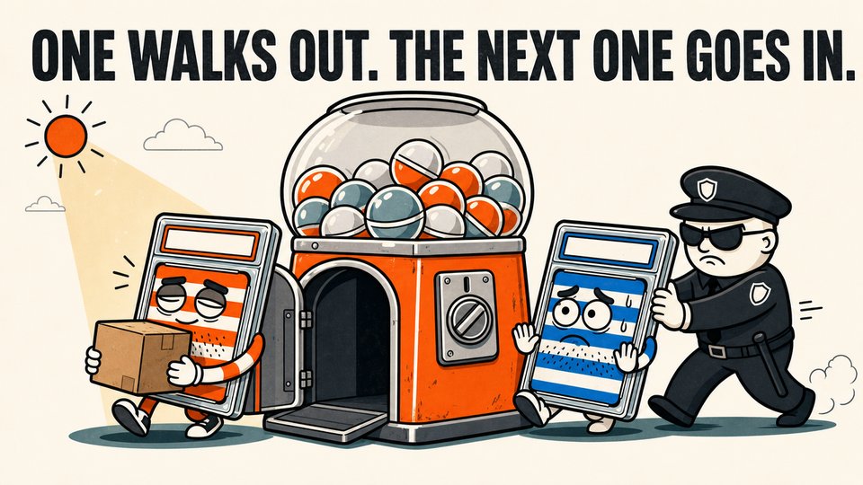 One walks out. The next one goes in.